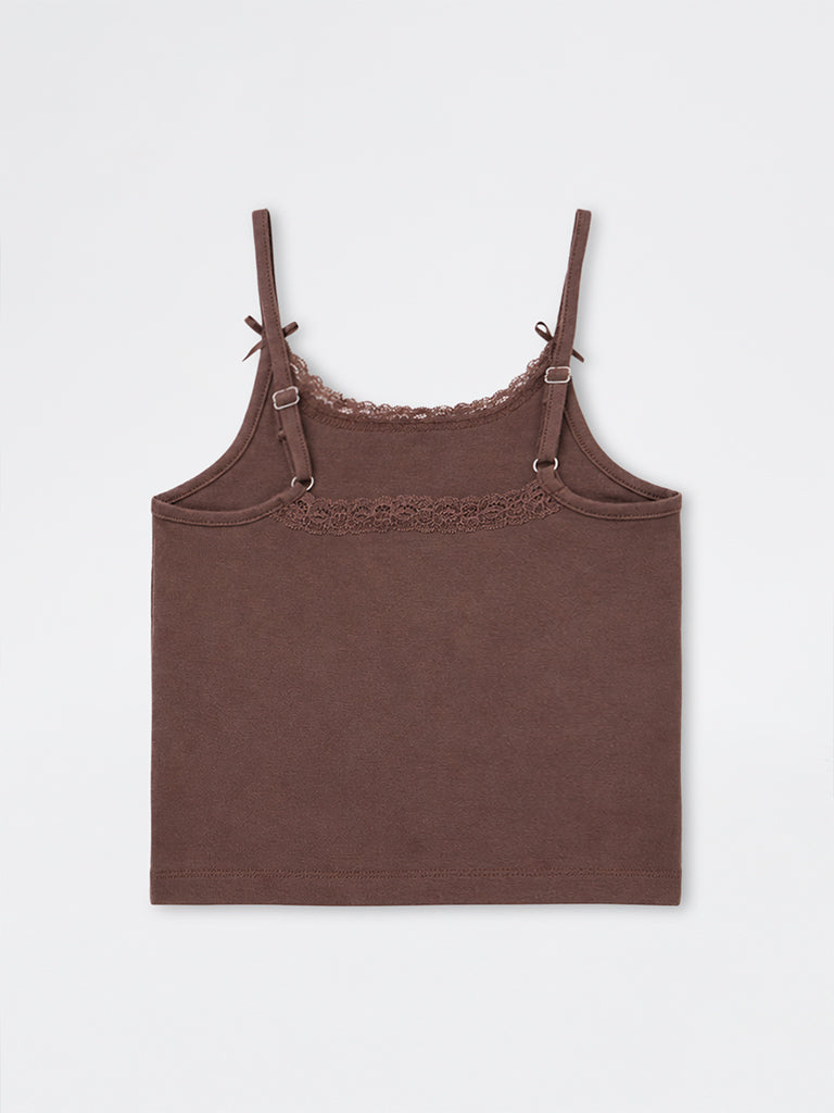 Girls Brown Text Embellished Cotton-Blend Top