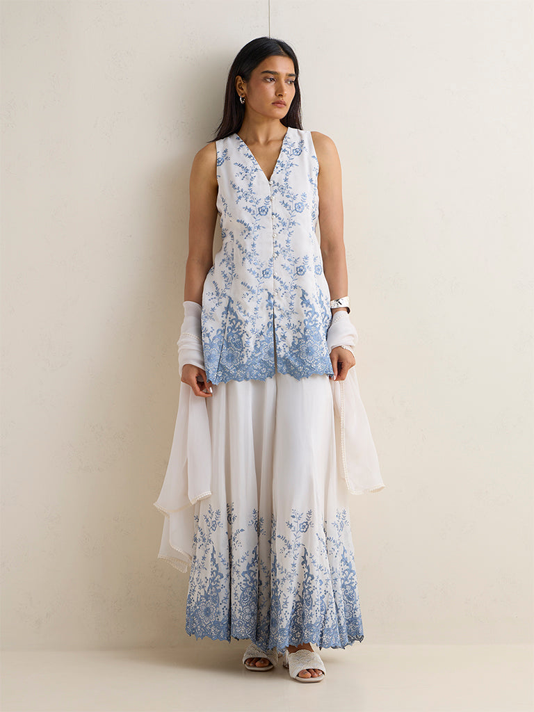 Vark White and Blue Floral Embroidered Straight Ethnic Set