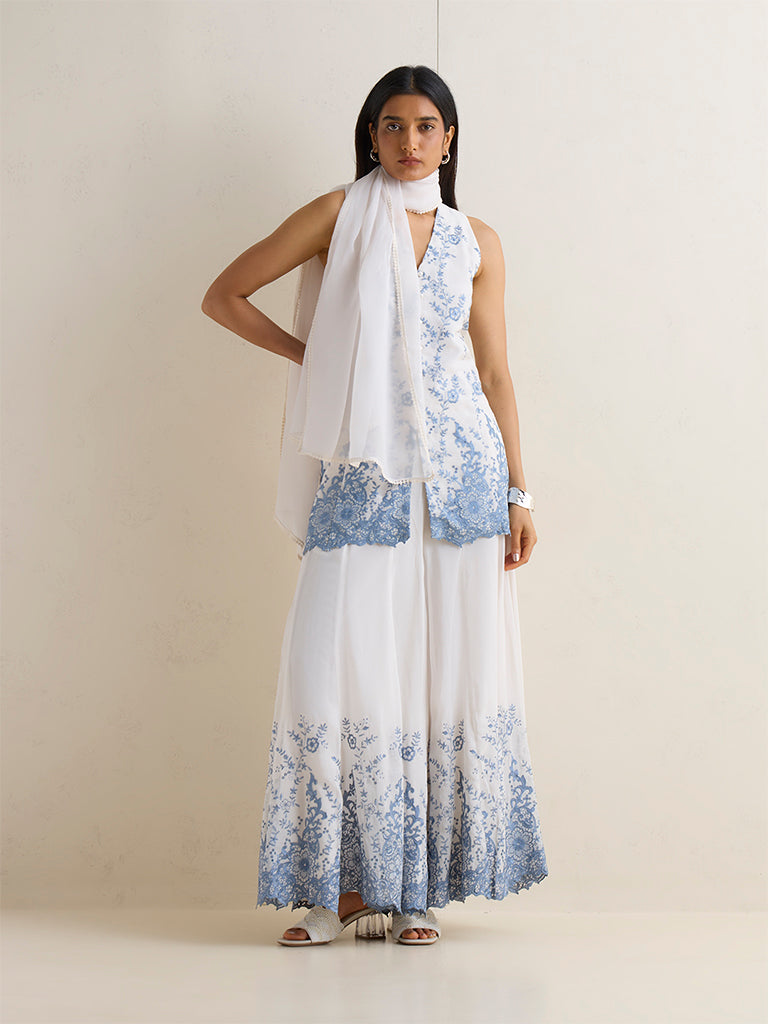 Vark White and Blue Floral Embroidered Straight Ethnic Set