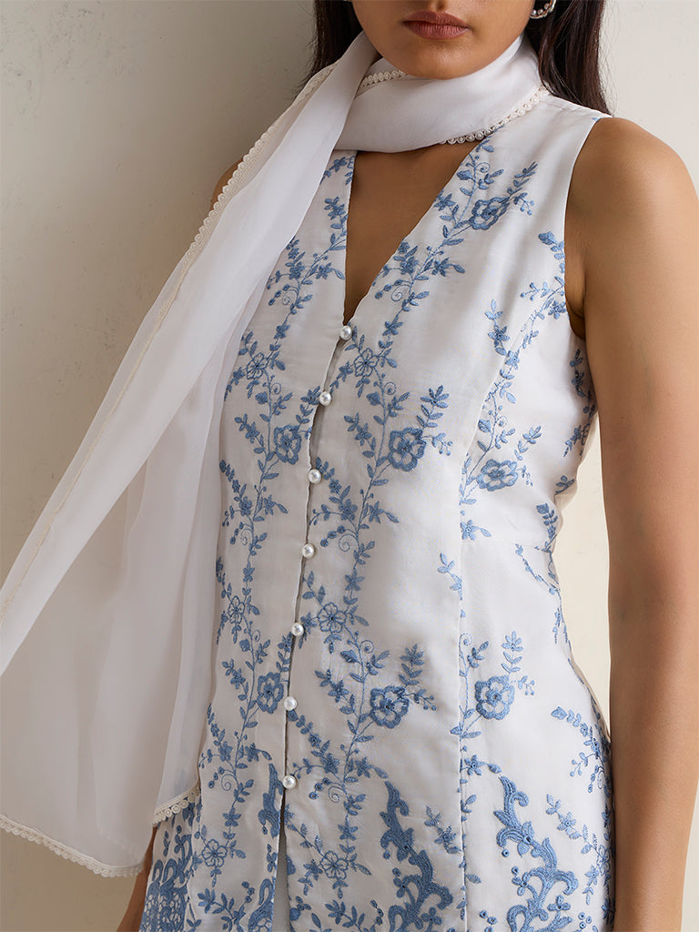 Vark White and Blue Floral Embroidered Straight Ethnic Set