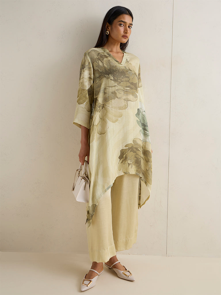 Zuba Lime Solid Linen-Blend Pants
