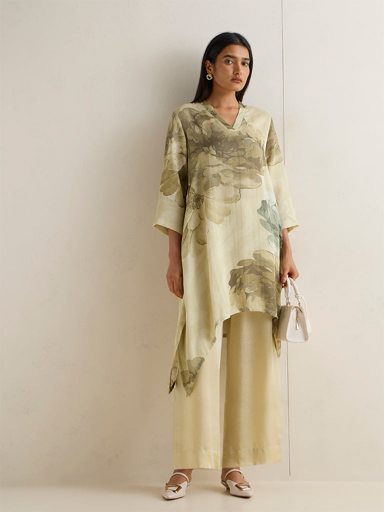 Zuba Lime Floral Printed A-Line Kurta