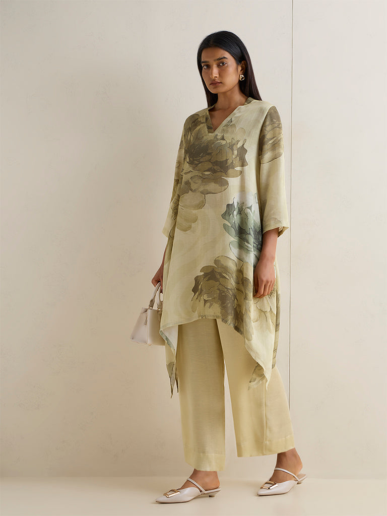 Zuba Lime Floral Printed A-Line Kurta