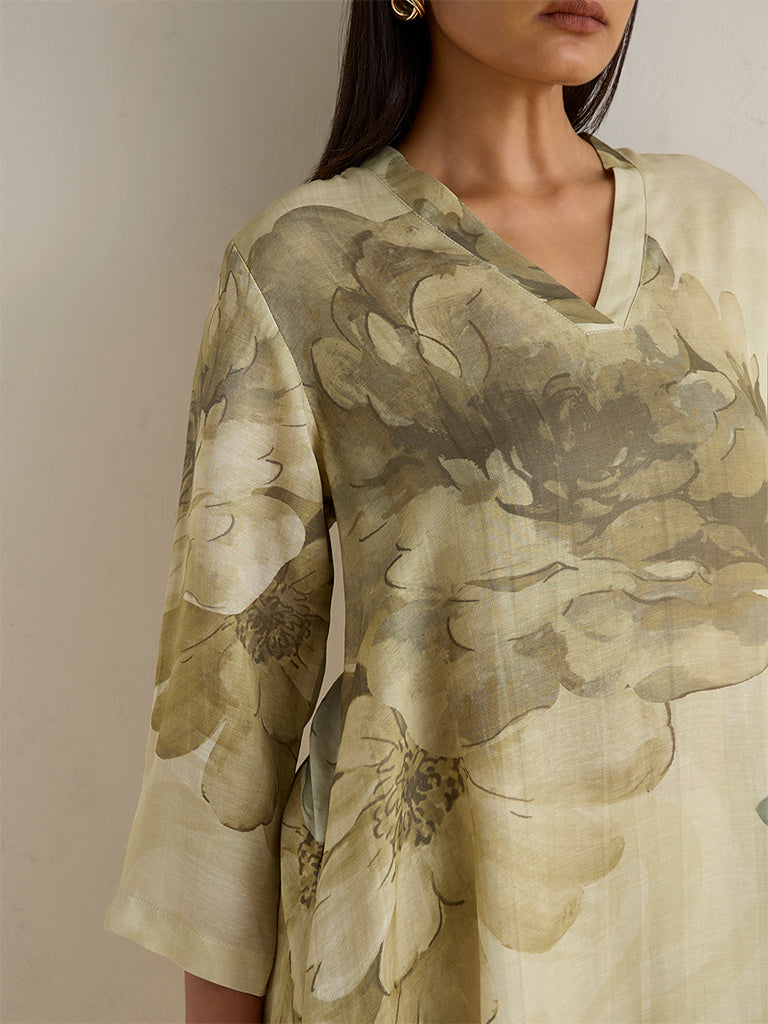 Zuba Lime Floral Printed A-Line Kurta