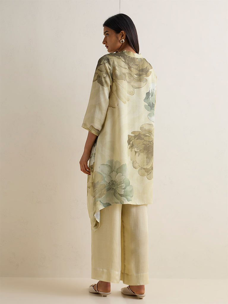 Zuba Lime Floral Printed A-Line Kurta
