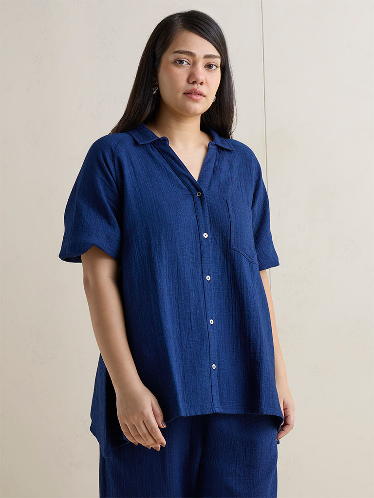 Gia Indigo Crinkle Textured Cotton Shirt