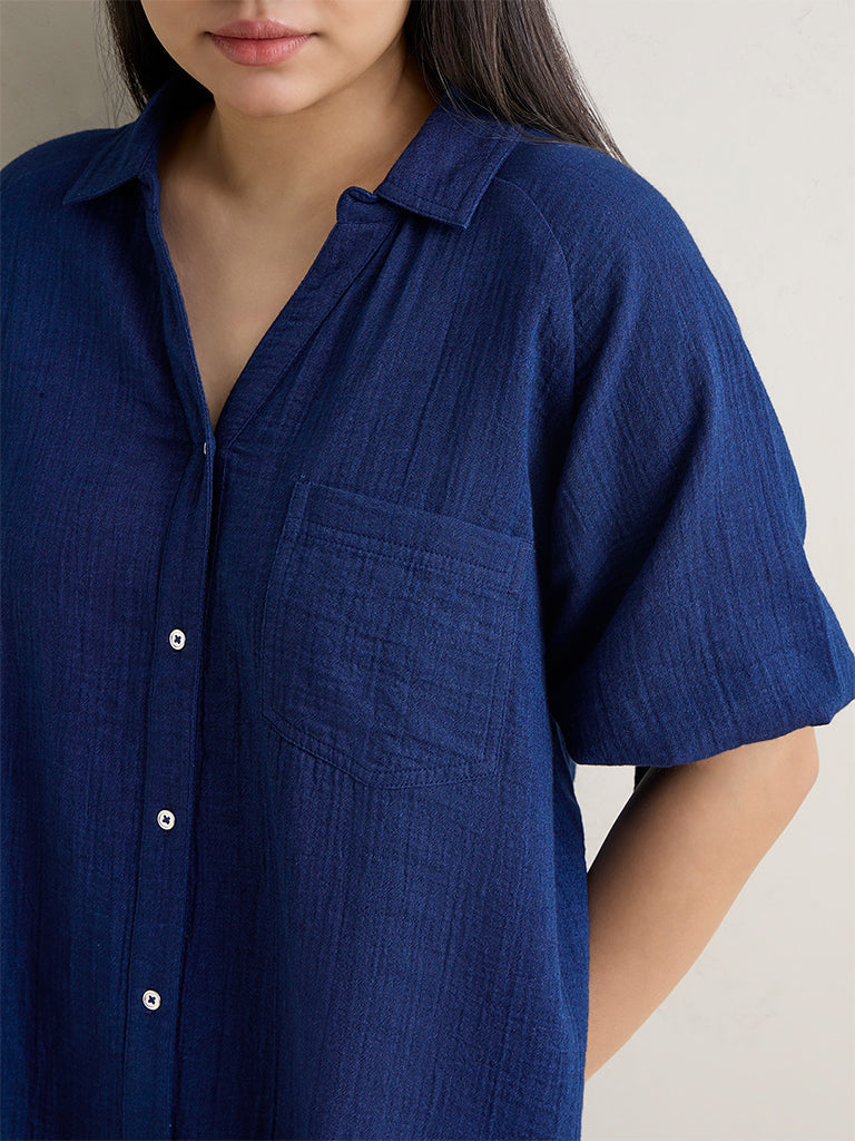 Gia Indigo Crinkle Textured Cotton Shirt