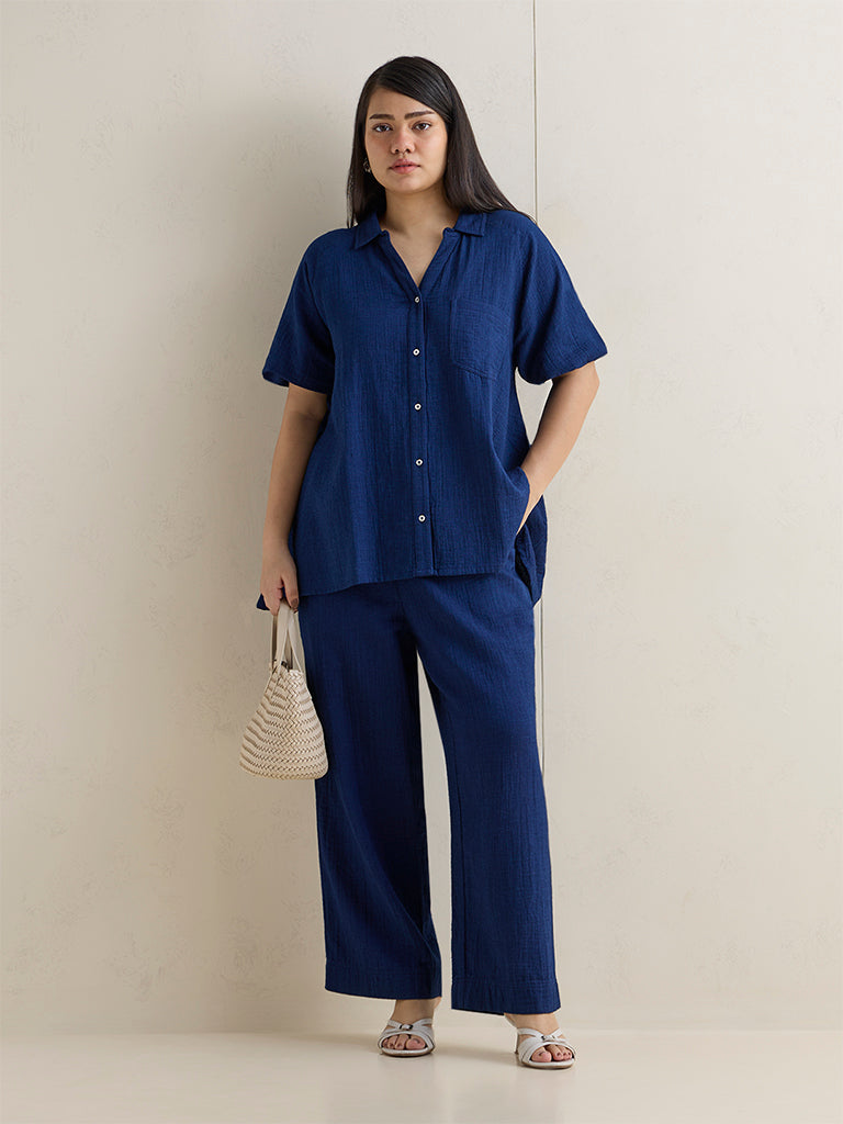 Gia Indigo Crinkle Textured High-Rise Cotton Pants