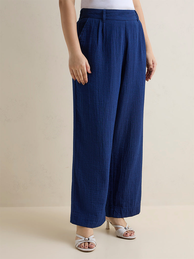 Gia Indigo Crinkle Textured High-Rise Cotton Pants