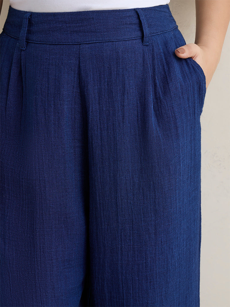 Gia Indigo Crinkle Textured High-Rise Cotton Pants