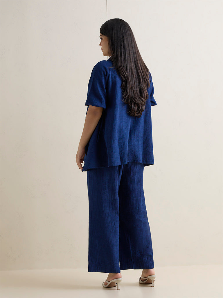 Gia Indigo Crinkle Textured High-Rise Cotton Pants