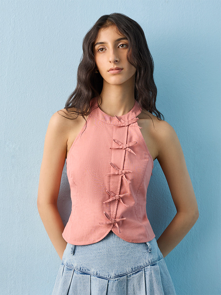 Nuon Dusty Pink Solid Halter-Neck Top