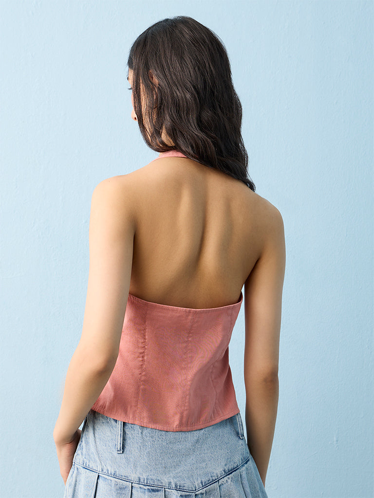 Nuon Dusty Pink Solid Halter-Neck Top
