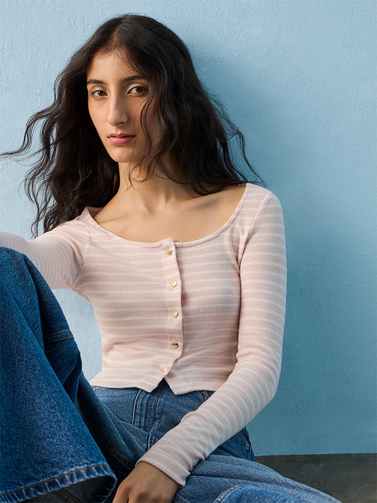 Nuon Light Pink Striped Cotton-Blend Cardigan