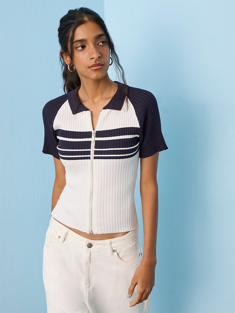 Nuon White and Navy Striped Top