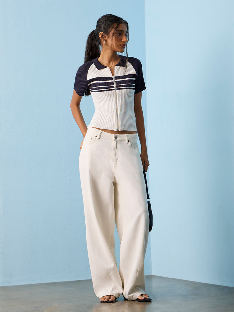 Nuon White and Navy Striped Top