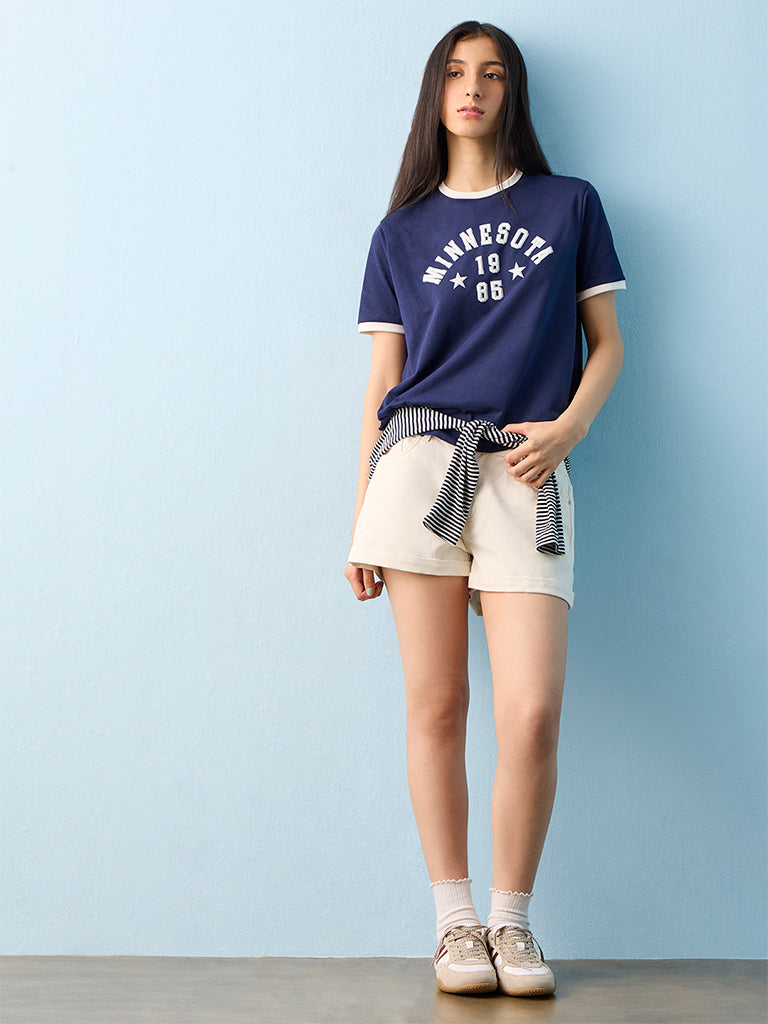 Nuon Navy Text Printed Cotton T-Shirt