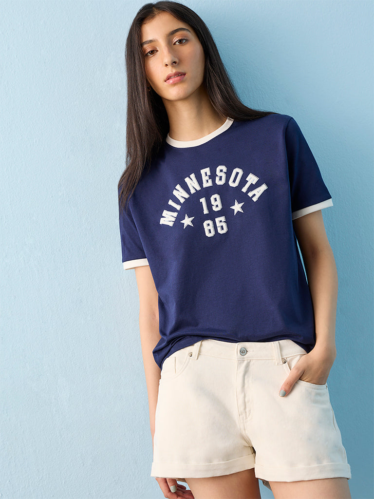 Nuon Navy Text Printed Cotton T-Shirt