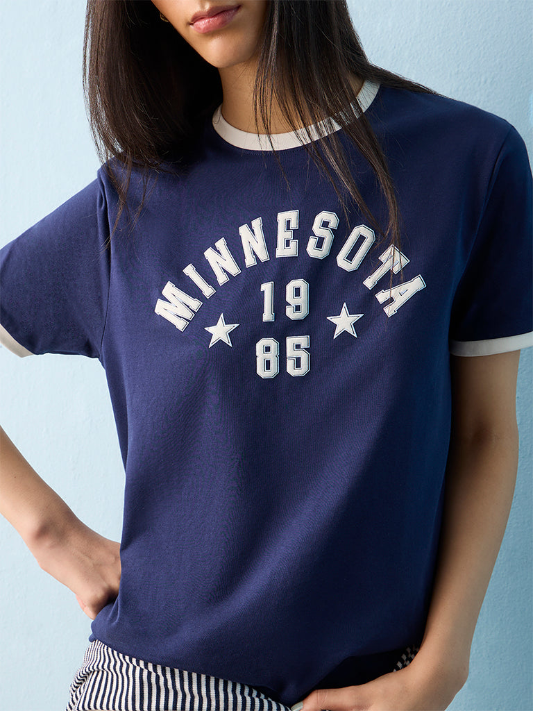 Nuon Navy Text Printed Cotton T-Shirt