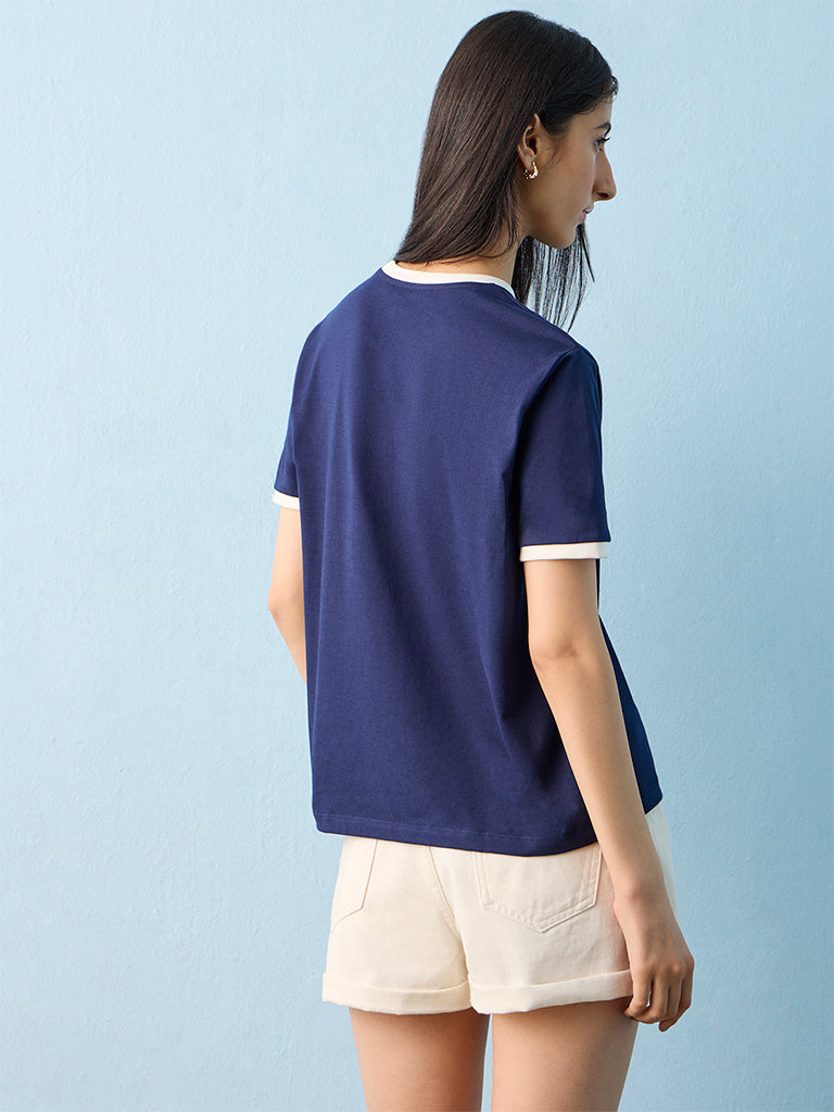 Nuon Navy Text Printed Cotton T-Shirt