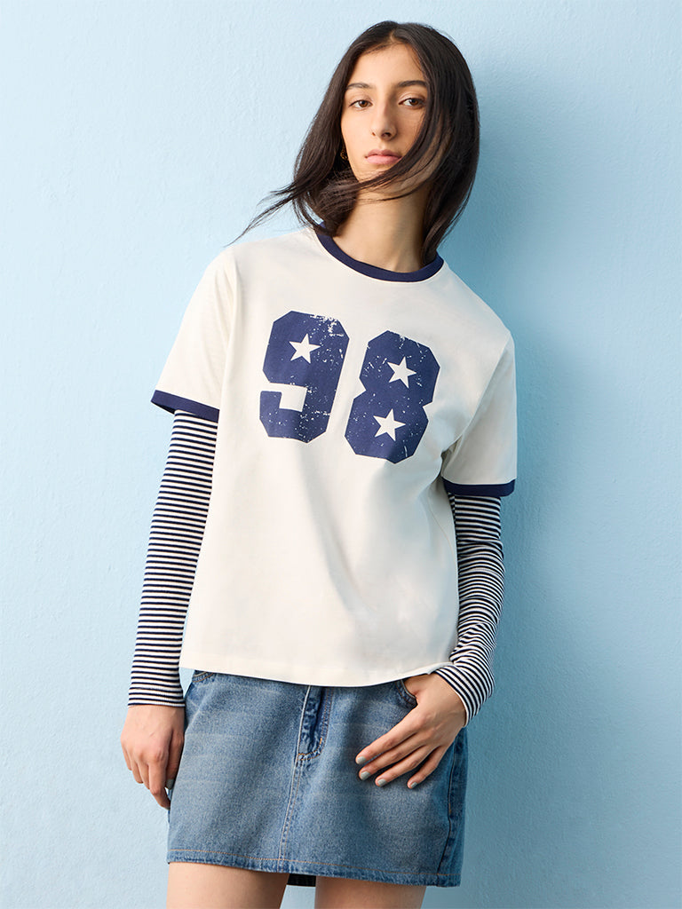 Nuon White Numerical Printed Cotton T-Shirt