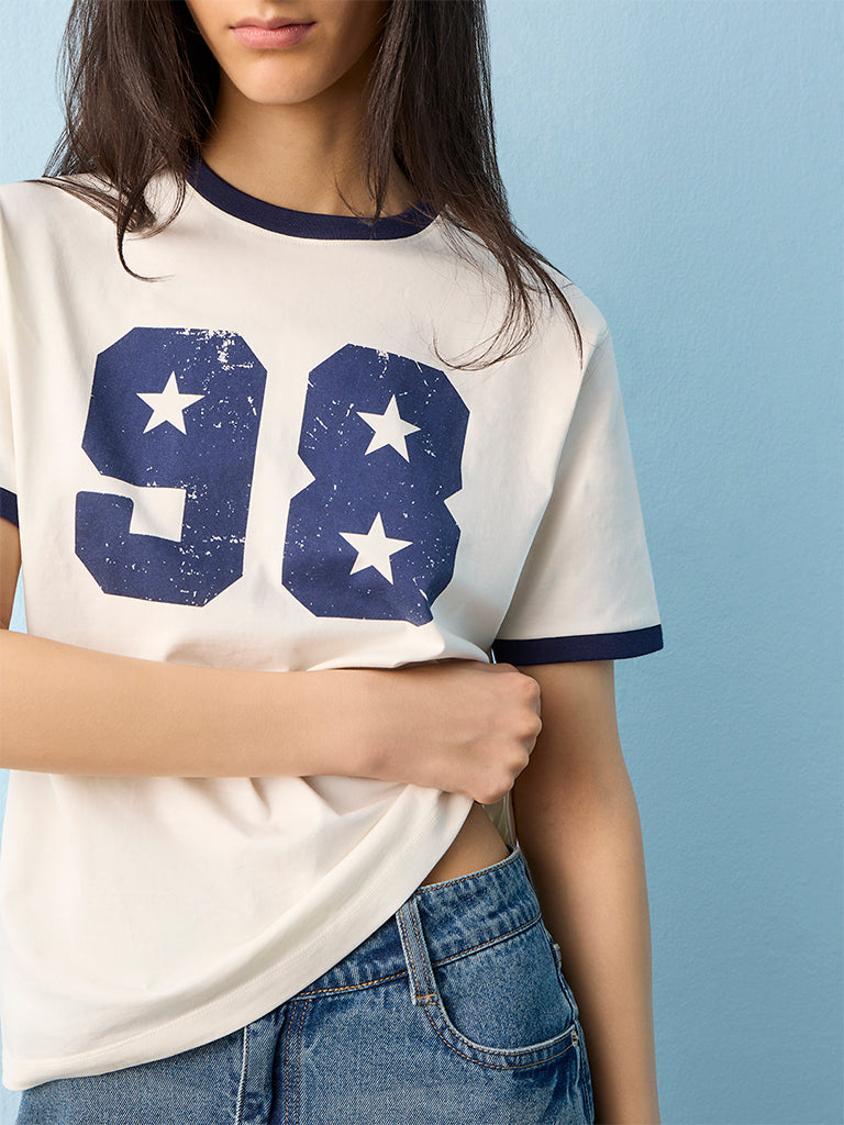 Nuon White Numerical Printed Cotton T-Shirt