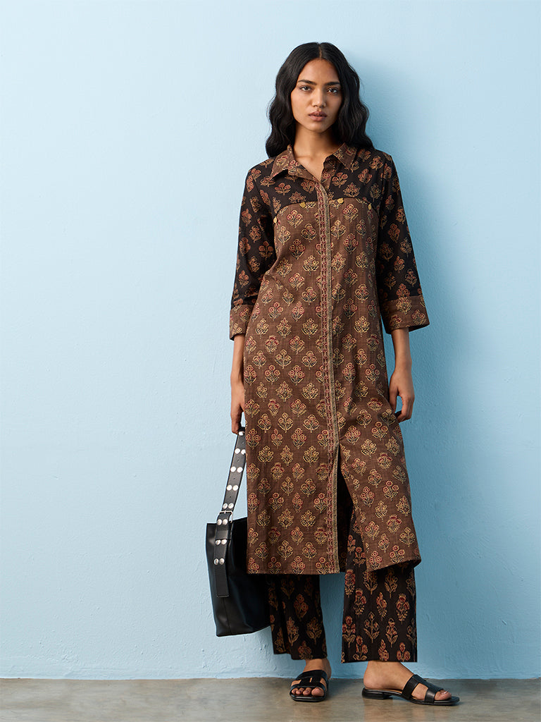 Utsa Brown Floral Pattern Cotton A-Line Kurta