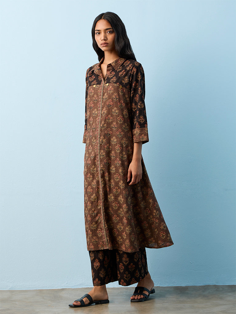 Utsa Brown Floral Pattern Cotton A-Line Kurta
