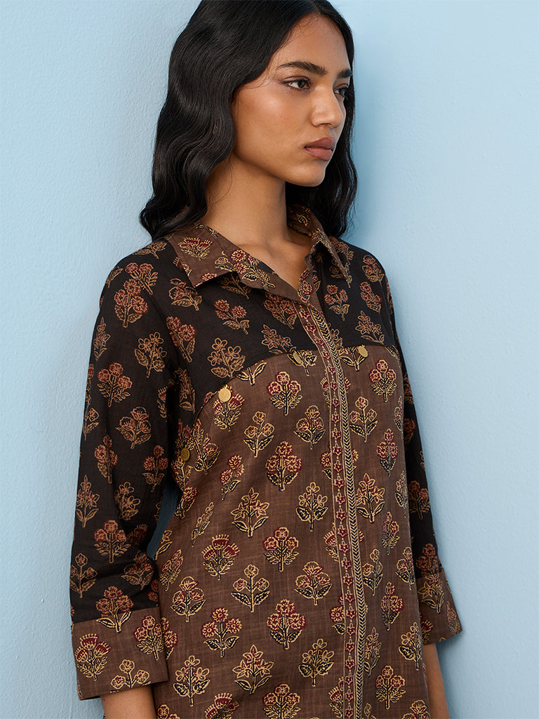 Utsa Brown Floral Pattern Cotton A-Line Kurta