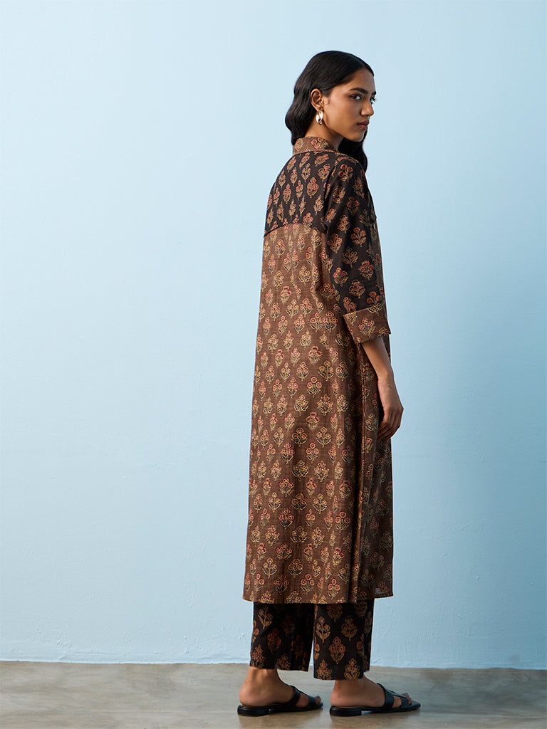 Utsa Brown Floral Pattern Cotton A-Line Kurta