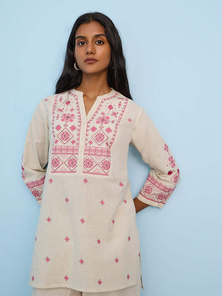 Utsa Light Beige Aztec Embroidered Cotton-Blend Tunic