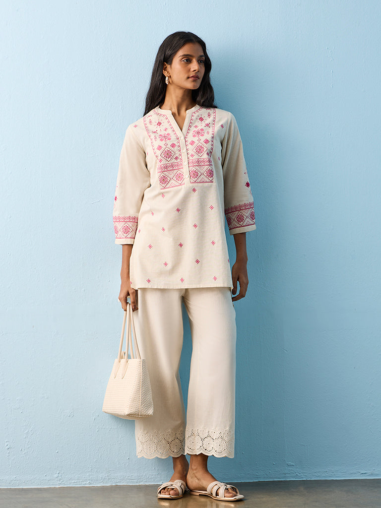 Utsa Light Beige Aztec Embroidered Cotton-Blend Tunic