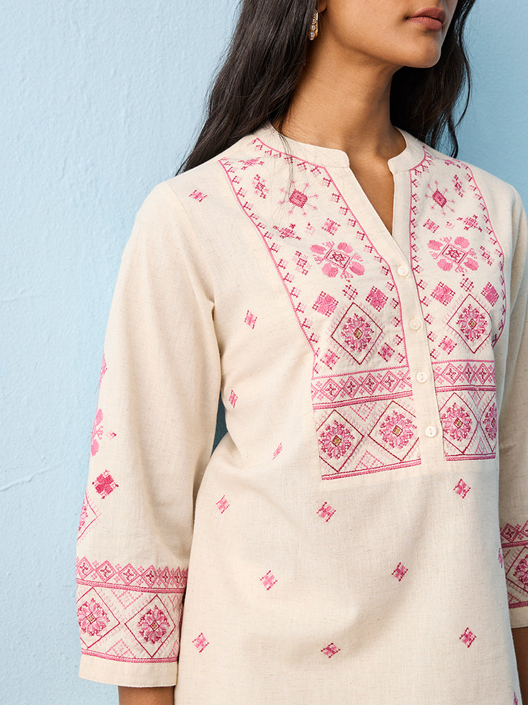 Utsa Light Beige Aztec Embroidered Cotton-Blend Tunic