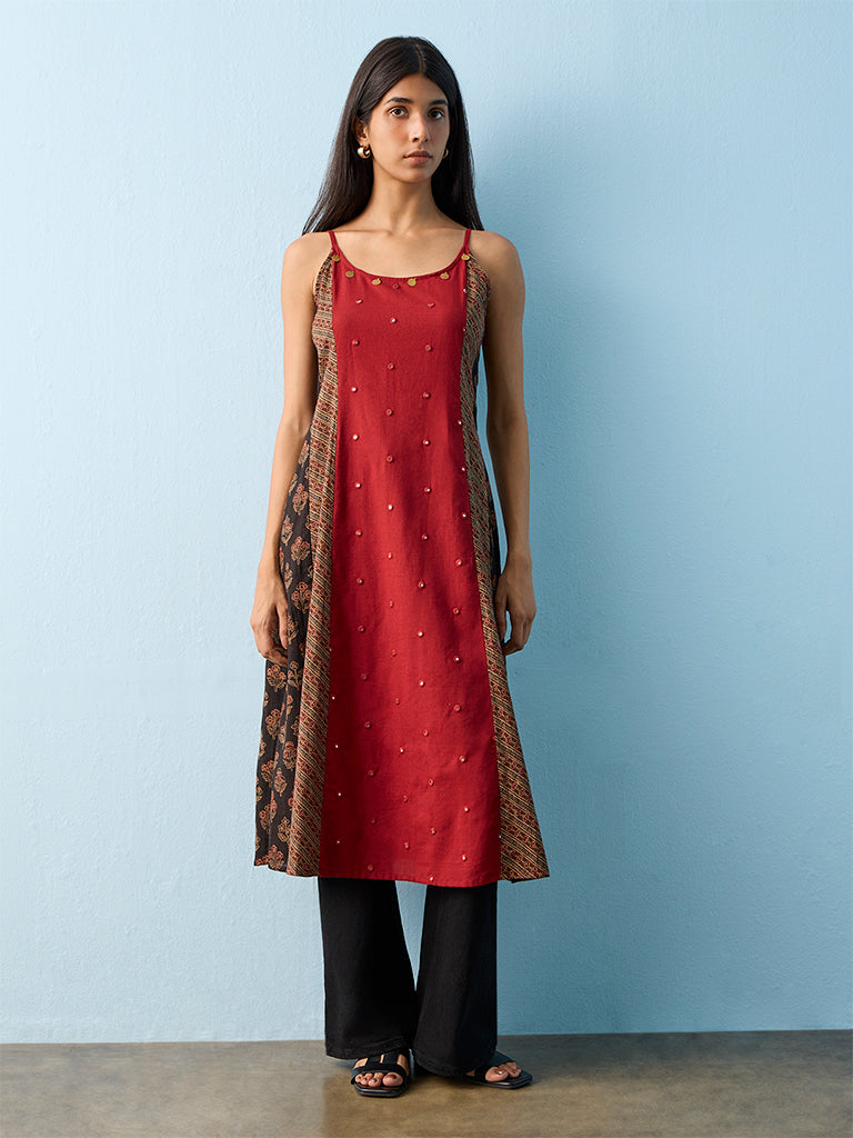 Utsa Red Floral Embroidered Cotton A-Line Kurta