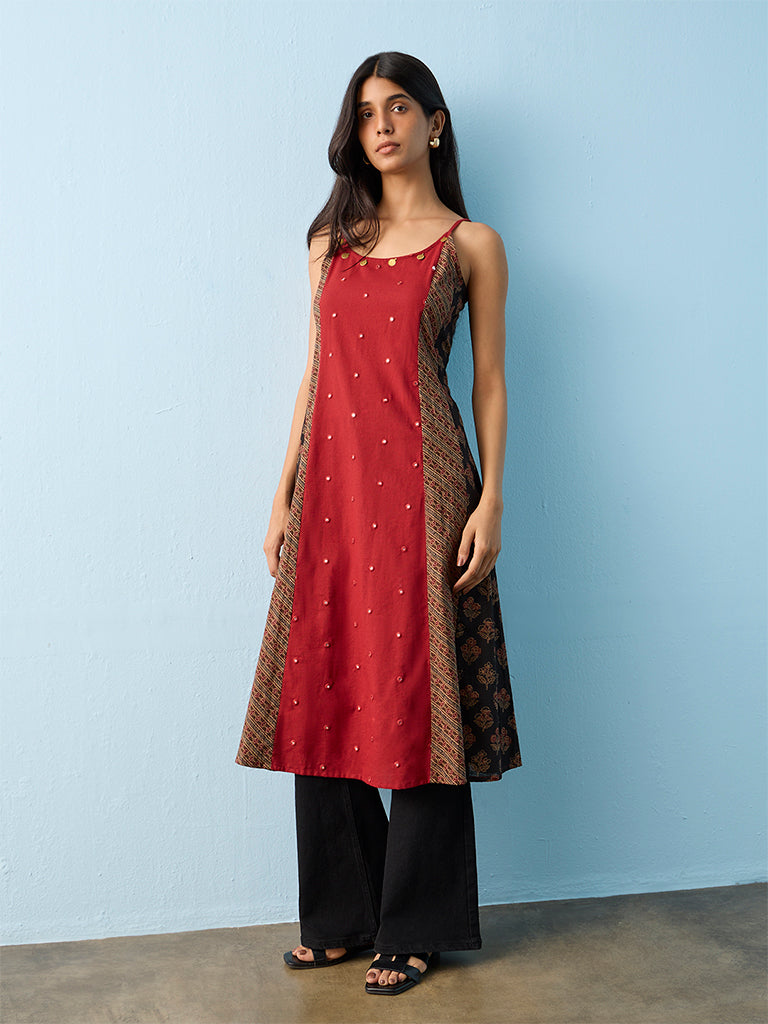 Utsa Red Floral Embroidered Cotton A-Line Kurta