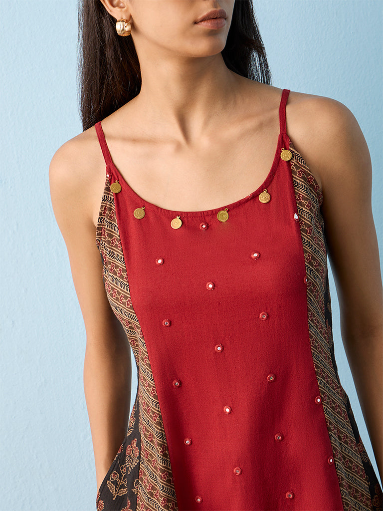 Utsa Red Floral Embroidered Cotton A-Line Kurta
