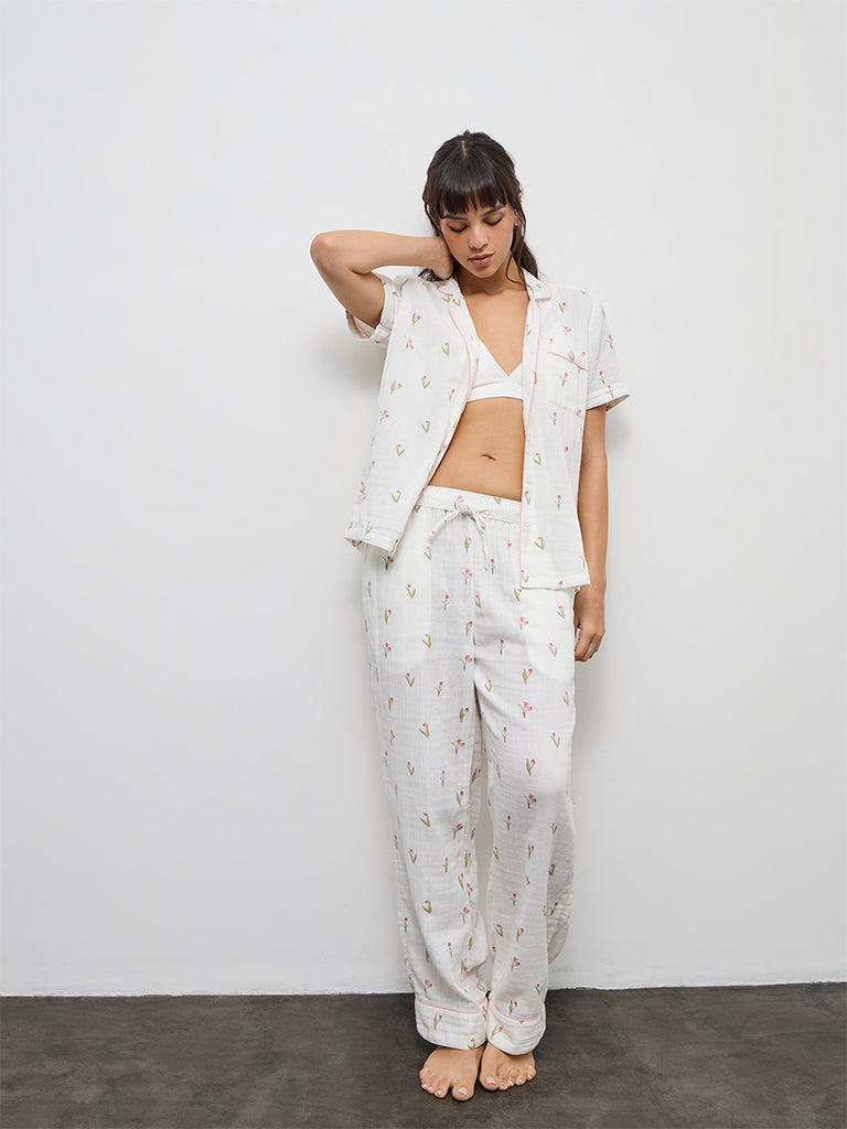 Wunderlove Ivory Floral Printed Shirt and Pyjamas Set