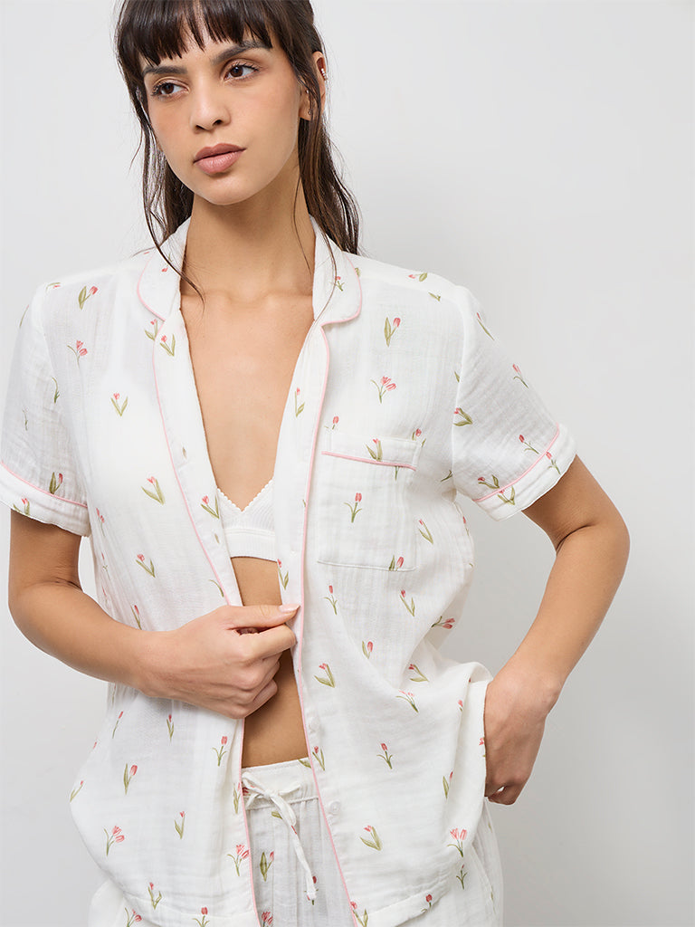 Wunderlove Ivory Floral Printed Shirt and Pyjamas Set