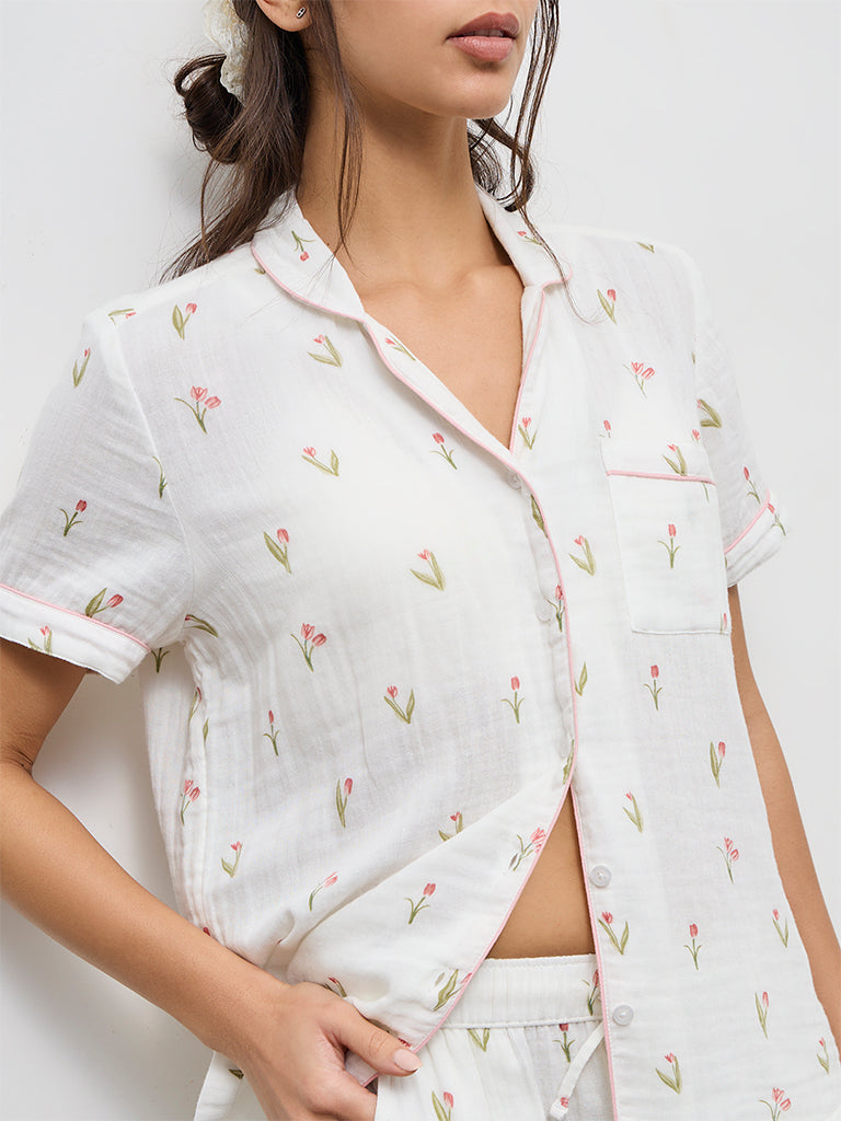 Wunderlove Ivory Floral Printed Shirt and Pyjamas Set
