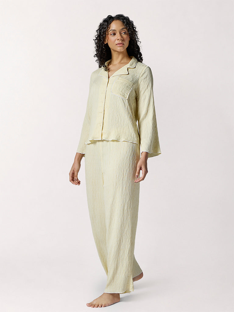 Wunderlove Light Yellow Textured Shirt and Pyjama Set