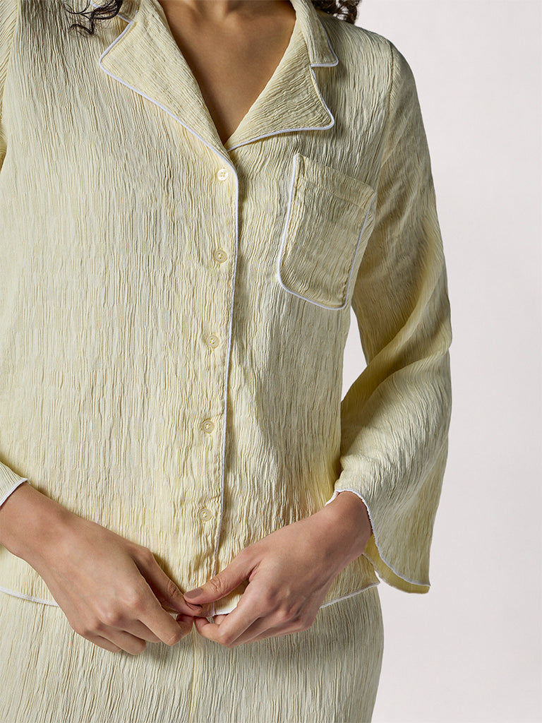Wunderlove Light Yellow Textured Shirt and Pyjama Set