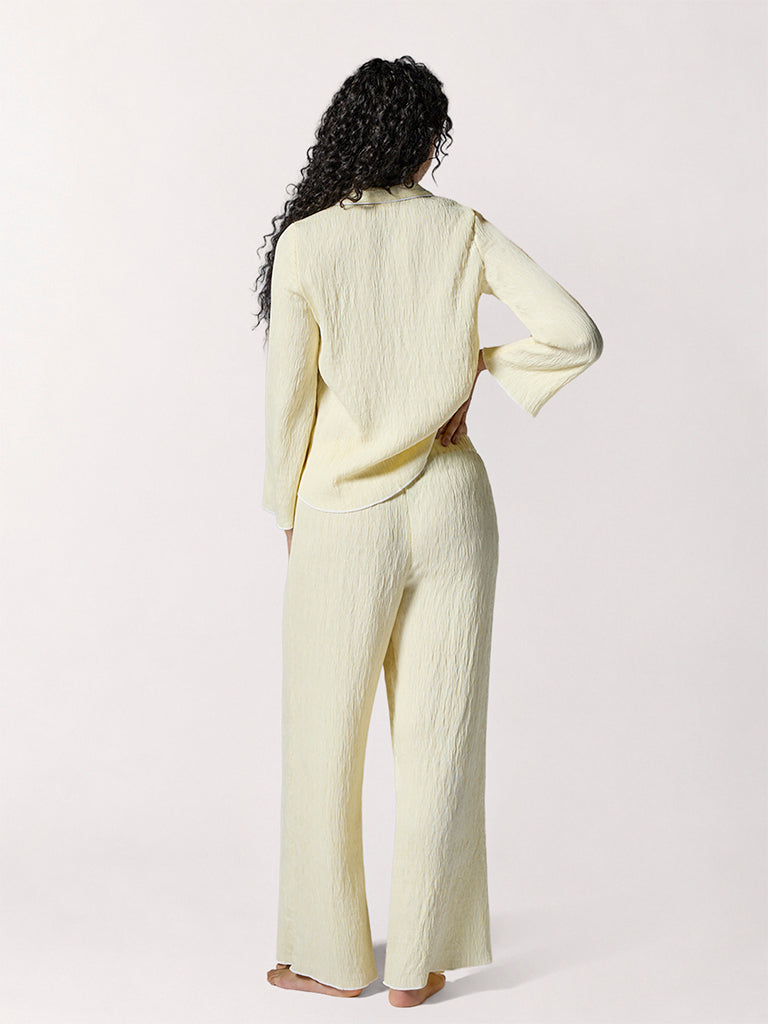 Wunderlove Light Yellow Textured Shirt and Pyjama Set