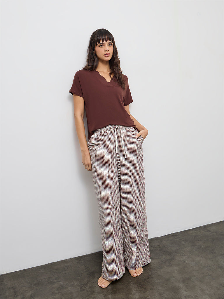 Wunderlove Dark Brown Checkered High-Rise Cotton Pants