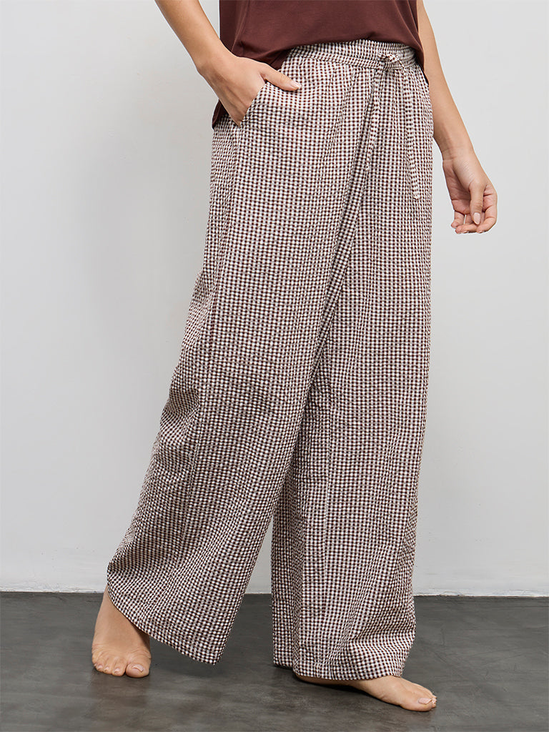 Wunderlove Dark Brown Checkered High-Rise Cotton Pants