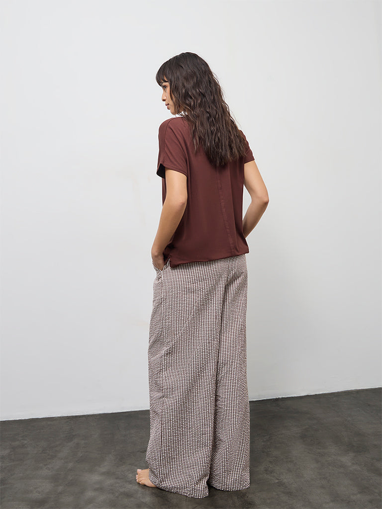 Wunderlove Dark Brown Checkered High-Rise Cotton Pants