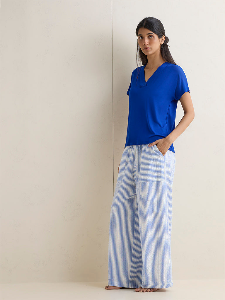 Wunderlove Blue Seersucker Striped High-Rise Cotton Pants