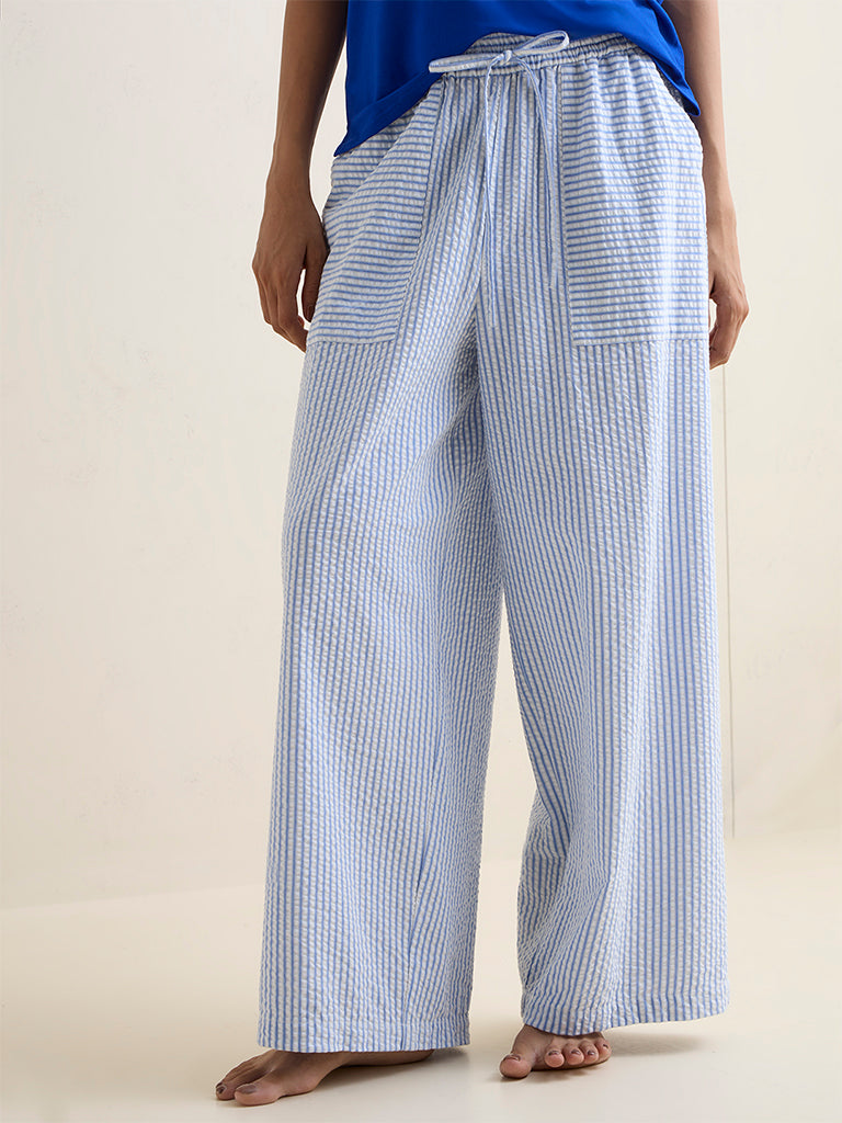 Wunderlove Blue Seersucker Striped High-Rise Cotton Pants