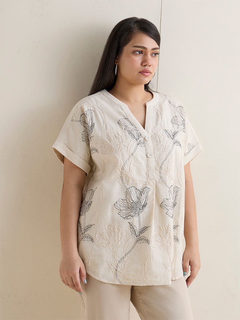 Gia Beige Floral Design Cotton-Blend Blouse
