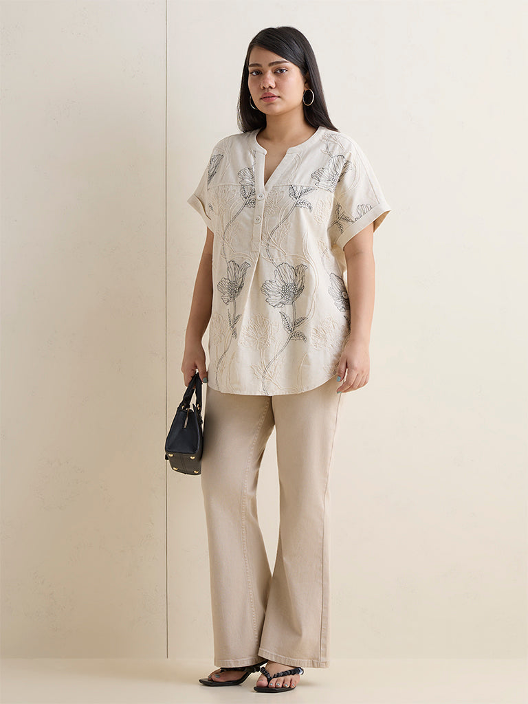 Gia Beige Floral Design Cotton-Blend Blouse