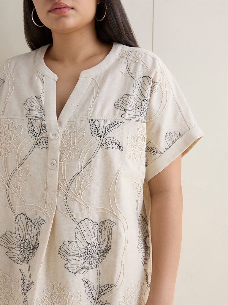 Gia Beige Floral Design Cotton-Blend Blouse